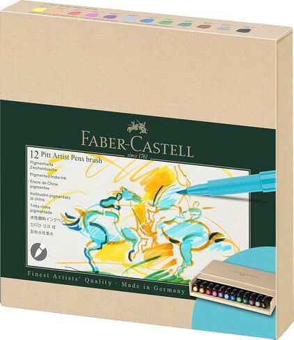 Faber-Castell Art & Graphic Pitt Artist Pen Brush India Ink Pen, Multicoloured, Studio Box Of 12, For Art, Craft, Drawing, Sketching, Home, School, University, Colouring in Kuwait