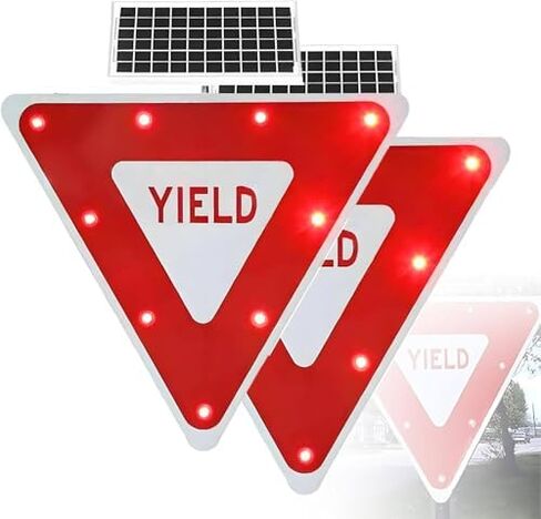 2-Pack Solar-Powered 24x24 & 28x28 LED Yield Traffic Signs, Illuminated Flashing Warning Boards for Road Safety, Bright Lighted Yield Signs with LED Alerts in Kuwait