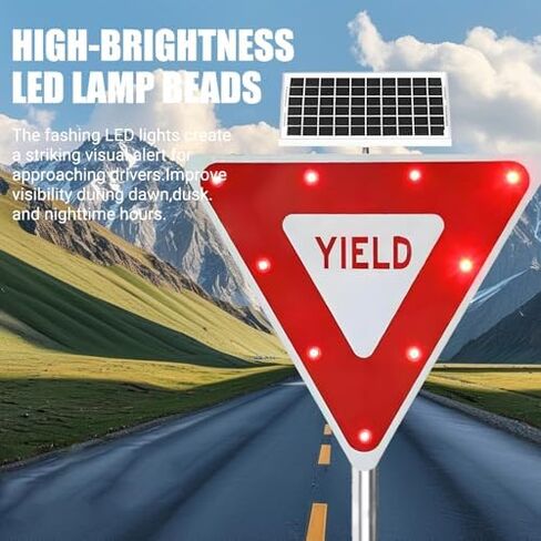 2-Pack Solar-Powered 24x24 & 28x28 LED Yield Traffic Signs, Illuminated Flashing Warning Boards for Road Safety, Bright Lighted Yield Signs with LED Alerts in Kuwait
