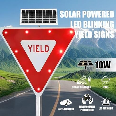 2-Pack Solar-Powered 24x24 & 28x28 LED Yield Traffic Signs, Illuminated Flashing Warning Boards for Road Safety, Bright Lighted Yield Signs with LED Alerts in Kuwait