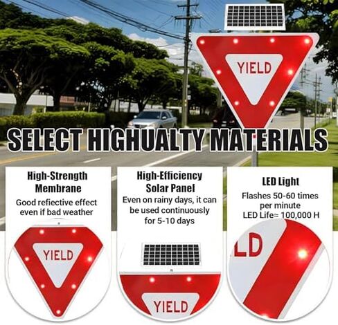 2-Pack Solar-Powered 24x24 & 28x28 LED Yield Traffic Signs, Illuminated Flashing Warning Boards for Road Safety, Bright Lighted Yield Signs with LED Alerts in Kuwait