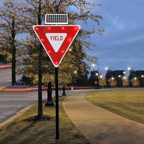 2-Pack Solar-Powered 24x24 & 28x28 LED Yield Traffic Signs, Illuminated Flashing Warning Boards for Road Safety, Bright Lighted Yield Signs with LED Alerts in Kuwait