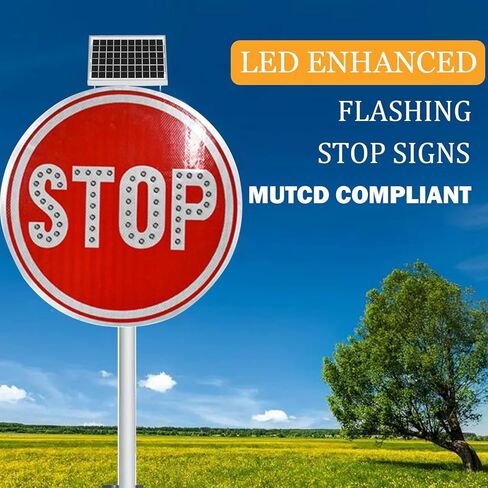 24'' Solar Powered Stop Sign, LED Blinking Reflective Street Traffic Warning Sign, Heavy Duty Round Rust-Proof Metal Frame in Kuwait