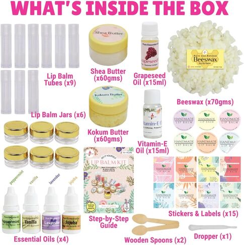 Kalakaram DIY Lip Balm Making Kit - Make 15 Lip Balms with Shea & Kukum Butter, Beeswax, Vitamin E Oil, Grapeseed & Essential Oils, DIY Activity Kit for Kids & Craft Kit for Girls 9-12 in Saudi Arabia