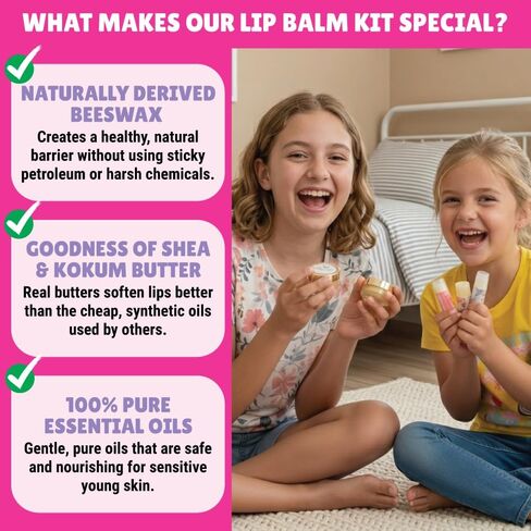 Kalakaram DIY Lip Balm Making Kit - Make 15 Lip Balms with Shea & Kukum Butter, Beeswax, Vitamin E Oil, Grapeseed & Essential Oils, DIY Activity Kit for Kids & Craft Kit for Girls 9-12 in Saudi Arabia