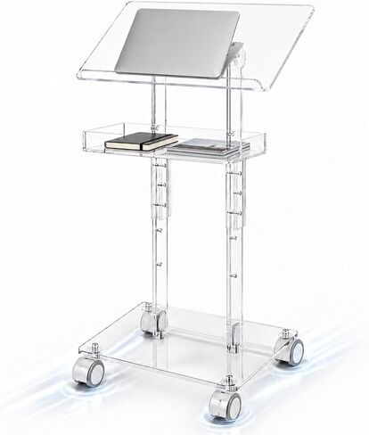 Sintuff Acrylic Podium Stand 47"h Adjustable Height Rolling Podium with Wheels Storage Shelf Rolling Laptop Cart Storage Shelf Portable Lectern Pulpit for Church Classroom Wedding Speech in Kuwait