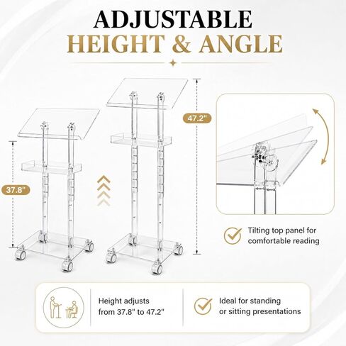 Sintuff Acrylic Podium Stand 47"h Adjustable Height Rolling Podium with Wheels Storage Shelf Rolling Laptop Cart Storage Shelf Portable Lectern Pulpit for Church Classroom Wedding Speech in Kuwait