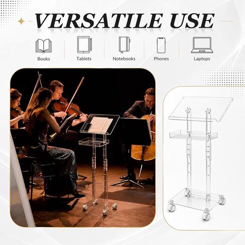 Sintuff Acrylic Podium Stand 47"h Adjustable Height Rolling Podium with Wheels Storage Shelf Rolling Laptop Cart Storage Shelf Portable Lectern Pulpit for Church Classroom Wedding Speech in Kuwait