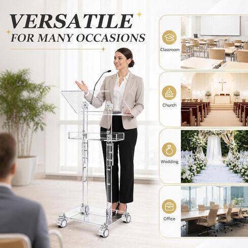 Sintuff Acrylic Podium Stand 47"h Adjustable Height Rolling Podium with Wheels Storage Shelf Rolling Laptop Cart Storage Shelf Portable Lectern Pulpit for Church Classroom Wedding Speech in Kuwait
