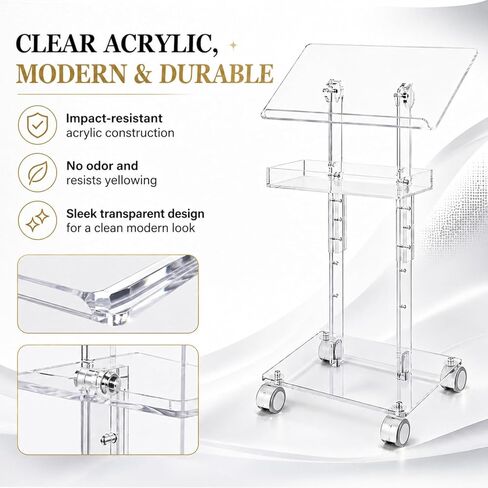 Sintuff Acrylic Podium Stand 47"h Adjustable Height Rolling Podium with Wheels Storage Shelf Rolling Laptop Cart Storage Shelf Portable Lectern Pulpit for Church Classroom Wedding Speech in Kuwait