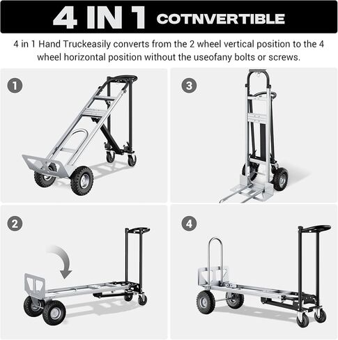4-in-1 Convertible Dolly Cart with Wheels, 850LBS Aluminum Alloy Heavy Duty Hand Truck Dolly with Non-Slip Handle, Collapsible Cart for Luggages,Cartons,Warehouse,Supermarket,Office, Black in Saudi Arabia