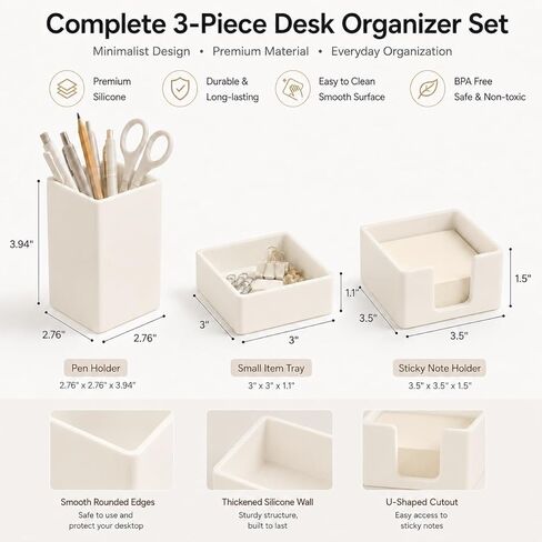 minimaliving Aesthetic Silicone Desk Organizer Set of 3,Modern Office Desk Accessories with Pen Holder,Paperclip Tray,Sticky Note Holder,Stylish Functional Office Desk Decor for Back-to-school(Beige) in Saudi Arabia