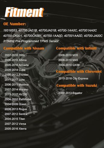 مستشعر مراقبة ضغط الإطارات TPMS مبرمج مسبقًا 19316553 مناسب لنيسان 350z ألتيما أرمادا كيوب ماكسيما مورانو NV200 باثفايندر كويست روج سينترا تيتان فيرسا إكستيرا - 315 ميجا هرتز (4) in Kuwait