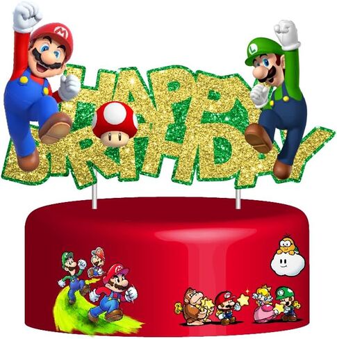 Gold Glitter Mario Cake Topper, Happy Birthday Cake Toppers, Birthday Party and Movie Themed Party Supplies. in Kuwait