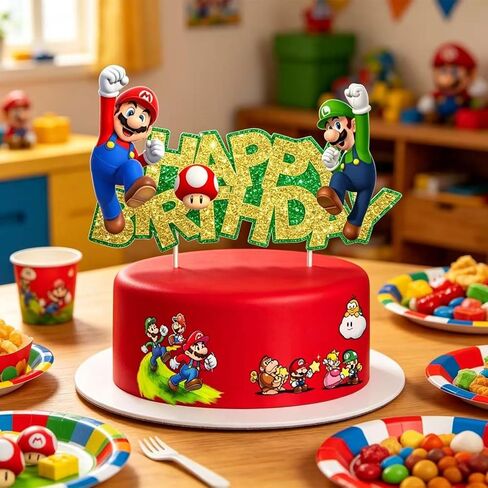 Gold Glitter Mario Cake Topper, Happy Birthday Cake Toppers, Birthday Party and Movie Themed Party Supplies. in Kuwait