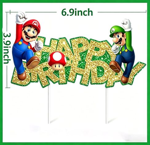 Gold Glitter Mario Cake Topper, Happy Birthday Cake Toppers, Birthday Party and Movie Themed Party Supplies. in Kuwait
