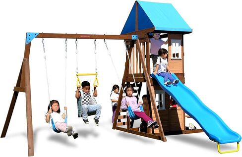 Sportspower 8-in-1 Lakeview Outdoor Cedar Wooden Swing Set: Belt Swings, Trapeze Play Fort with Play Kitchen, Bench & Rock Climber Ladder and Slide - Blue and Yellow in Saudi Arabia