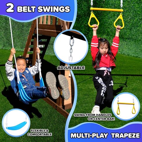 Sportspower 8-in-1 Lakeview Outdoor Cedar Wooden Swing Set: Belt Swings, Trapeze Play Fort with Play Kitchen, Bench & Rock Climber Ladder and Slide - Blue and Yellow in Saudi Arabia