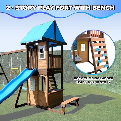 Sportspower 8-in-1 Lakeview Outdoor Cedar Wooden Swing Set: Belt Swings, Trapeze Play Fort with Play Kitchen, Bench & Rock Climber Ladder and Slide - Blue and Yellow in Saudi Arabia