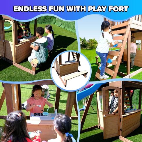 Sportspower 8-in-1 Lakeview Outdoor Cedar Wooden Swing Set: Belt Swings, Trapeze Play Fort with Play Kitchen, Bench & Rock Climber Ladder and Slide - Blue and Yellow in Saudi Arabia