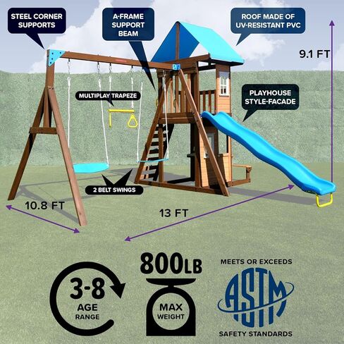 Sportspower 8-in-1 Lakeview Outdoor Cedar Wooden Swing Set: Belt Swings, Trapeze Play Fort with Play Kitchen, Bench & Rock Climber Ladder and Slide - Blue and Yellow in Saudi Arabia