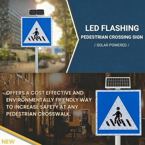 علامة عبور وامضة LED للمشاة بالطاقة الشمسية مقاس 24 × 24 بوصة/30 × 30 بوصة، علامات تحذير طريق المشاة من الألومنيوم، إطار معدني مقاوم للصدأ مع ملحقات التثبيت، أزرق 30 بوصة (76 بوصة) in Kuwait