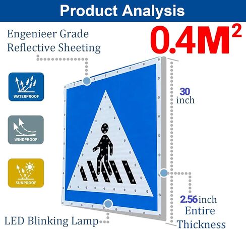 علامة عبور وامضة LED للمشاة بالطاقة الشمسية مقاس 24 × 24 بوصة/30 × 30 بوصة، علامات تحذير طريق المشاة من الألومنيوم، إطار معدني مقاوم للصدأ مع ملحقات التثبيت، أزرق 30 بوصة (76 بوصة) in Kuwait