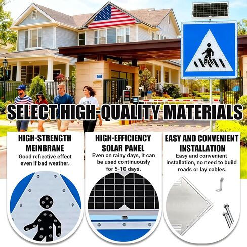 علامة عبور وامضة LED للمشاة بالطاقة الشمسية مقاس 24 × 24 بوصة/30 × 30 بوصة، علامات تحذير طريق المشاة من الألومنيوم، إطار معدني مقاوم للصدأ مع ملحقات التثبيت، أزرق 30 بوصة (76 بوصة) in Kuwait