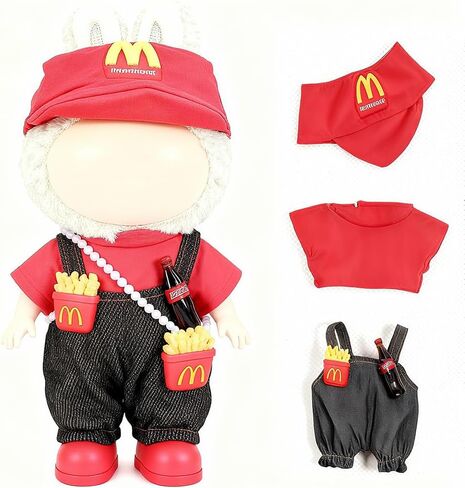 Clothes for 17cm Labubu, Outfit with Accessories Suit for Lububu, 3 Piece Burger & Fries Theme Outfit Accessories with Shirt, Jeans&Hat, Classic & Stylish Adorable Dolls Clothes (NO Doll) in Kuwait