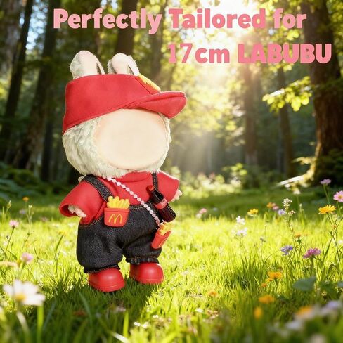 Clothes for 17cm Labubu, Outfit with Accessories Suit for Lububu, 3 Piece Burger & Fries Theme Outfit Accessories with Shirt, Jeans&Hat, Classic & Stylish Adorable Dolls Clothes (NO Doll) in Kuwait