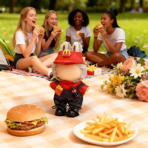 Clothes for 17cm Labubu, Outfit with Accessories Suit for Lububu, 3 Piece Burger & Fries Theme Outfit Accessories with Shirt, Jeans&Hat, Classic & Stylish Adorable Dolls Clothes (NO Doll) in Kuwait