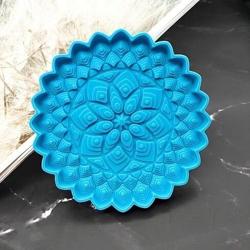 Blue Epoxy Resin Silicone Molds - Mandala Coaster Epoxy Resin Mold DIY Crafts Home Decoration Making Tools Sculpture Supplies Flower Tray Cup Mat Casting Silicone Mould (4.92x4.92x0.2inches) in Kuwait
