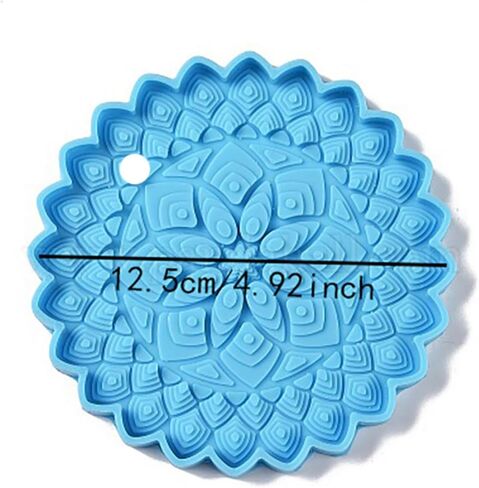 Blue Epoxy Resin Silicone Molds - Mandala Coaster Epoxy Resin Mold DIY Crafts Home Decoration Making Tools Sculpture Supplies Flower Tray Cup Mat Casting Silicone Mould (4.92x4.92x0.2inches) in Kuwait