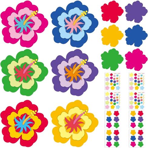 24 Sets Summer Hibiscus Floral Craft Set DIY Hawaiian Luau Hibiscus Paper Crafts Sticker Kit Make Your Own Flower Ornaments for Hawaii Tropical Party Favors Home School Classroom Activities Gifts in Kuwait