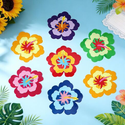 24 Sets Summer Hibiscus Floral Craft Set DIY Hawaiian Luau Hibiscus Paper Crafts Sticker Kit Make Your Own Flower Ornaments for Hawaii Tropical Party Favors Home School Classroom Activities Gifts in Kuwait