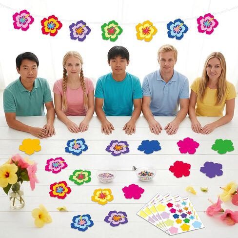 24 Sets Summer Hibiscus Floral Craft Set DIY Hawaiian Luau Hibiscus Paper Crafts Sticker Kit Make Your Own Flower Ornaments for Hawaii Tropical Party Favors Home School Classroom Activities Gifts in Kuwait