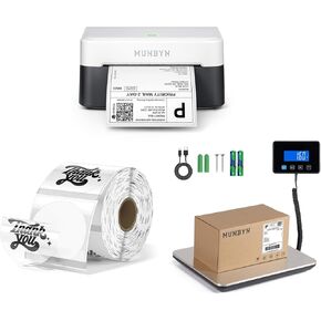 MUNBYN RW403B Bluetooth Thermal Label Printer+2 Inch Transparent Circle Self-Adhesive Waterproof Thermal Label+IPS03 440lb for Postal Scale in Kuwait