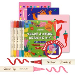 Grabie Trace and Color Drawing Kit, Beginner Friendly All-in-One Tracing Art Set with Acrylic Dual Tip Markers, 15 Pre-Printed Designs, Vellum Paper, Creative Hobby Kit, Artist Collaboration Yeti in Saudi Arabia