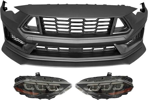 أغطية المصد الأمامي من IKON MOTORSPORTS، متوافقة مع 2018-2023 Ford Mustang EcoBoost GT، 2024+ Dark Horse HP Style غير مصبوغ PP طقم تحويل بديل مع مصباح أمامي LED in Kuwait
