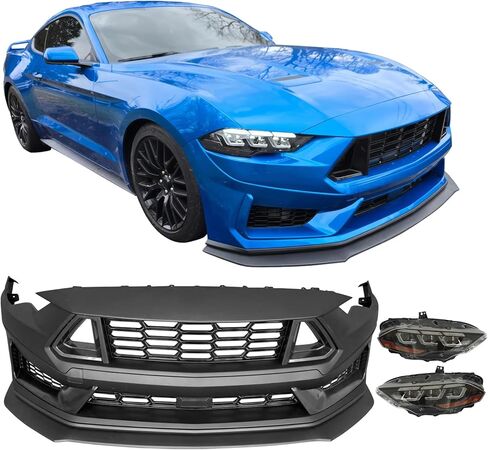 أغطية المصد الأمامي من IKON MOTORSPORTS، متوافقة مع 2018-2023 Ford Mustang EcoBoost GT، 2024+ Dark Horse HP Style غير مصبوغ PP طقم تحويل بديل مع مصباح أمامي LED in Kuwait