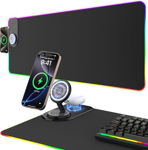 Gaming Mouse Pad Wireless Charging - Desk Mat Magnetic Foldable Phone Stand 15W Fast Charge, RGB Extended Large Keyboard Mousepad - PC Laptop Desk Pad for Work Game (Adapter Not Included) in Saudi Arabia