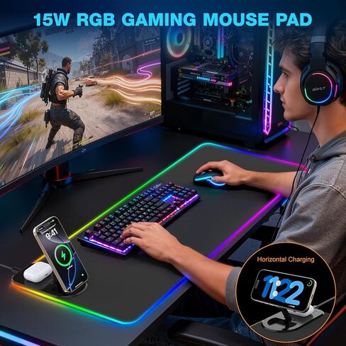 Gaming Mouse Pad Wireless Charging - Desk Mat Magnetic Foldable Phone Stand 15W Fast Charge, RGB Extended Large Keyboard Mousepad - PC Laptop Desk Pad for Work Game (Adapter Not Included) in Saudi Arabia