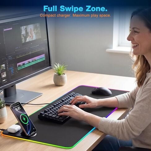 Gaming Mouse Pad Wireless Charging - Desk Mat Magnetic Foldable Phone Stand 15W Fast Charge, RGB Extended Large Keyboard Mousepad - PC Laptop Desk Pad for Work Game (Adapter Not Included) in Saudi Arabia