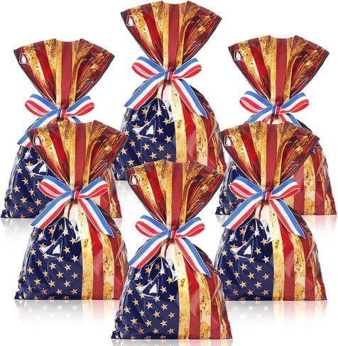 Tenare 100 Pcs Patriotic Gift Cellophane Bags Bulk, 4th of July Treat Bags 6" x 9" Red White Blue Plastic American Flag Treat Goodie Candy Pouches with Ribbon for Independence Day Party Favor Supplies in Kuwait