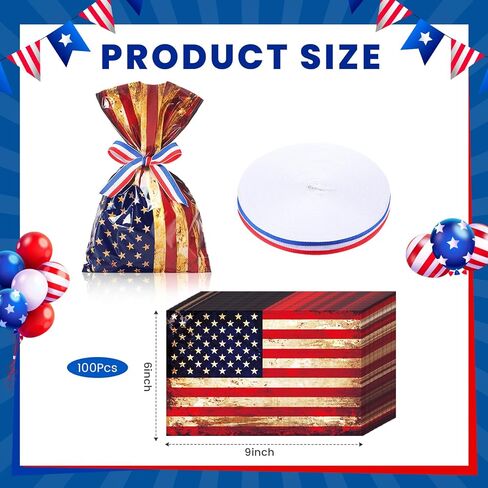 Tenare 100 Pcs Patriotic Gift Cellophane Bags Bulk, 4th of July Treat Bags 6" x 9" Red White Blue Plastic American Flag Treat Goodie Candy Pouches with Ribbon for Independence Day Party Favor Supplies in Kuwait