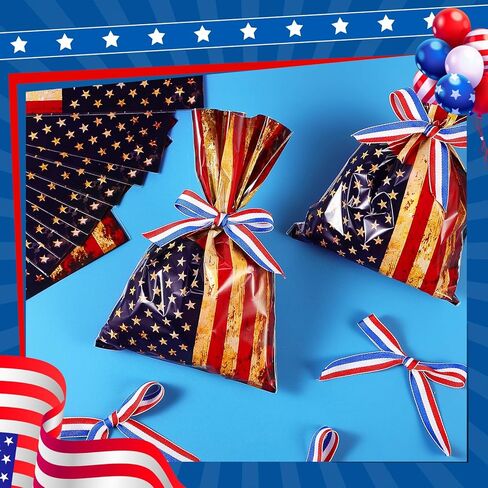 Tenare 100 Pcs Patriotic Gift Cellophane Bags Bulk, 4th of July Treat Bags 6" x 9" Red White Blue Plastic American Flag Treat Goodie Candy Pouches with Ribbon for Independence Day Party Favor Supplies in Kuwait