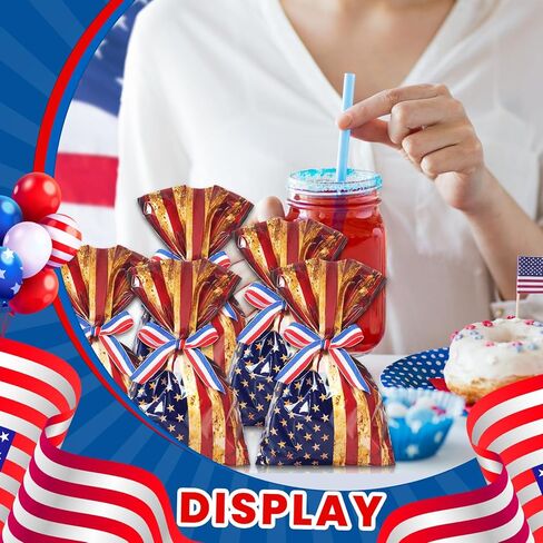 Tenare 100 Pcs Patriotic Gift Cellophane Bags Bulk, 4th of July Treat Bags 6" x 9" Red White Blue Plastic American Flag Treat Goodie Candy Pouches with Ribbon for Independence Day Party Favor Supplies in Kuwait
