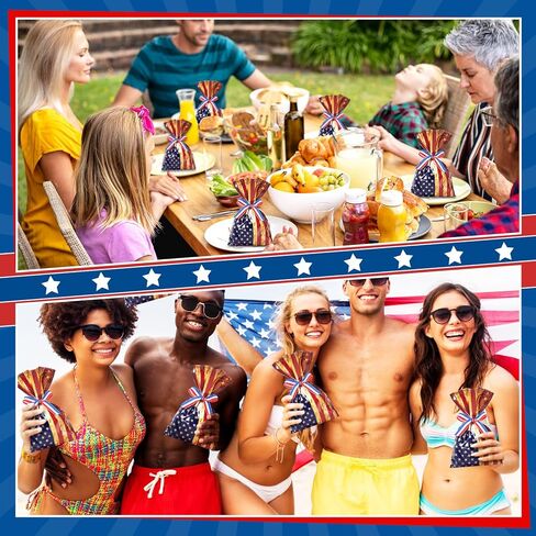 Tenare 100 Pcs Patriotic Gift Cellophane Bags Bulk, 4th of July Treat Bags 6" x 9" Red White Blue Plastic American Flag Treat Goodie Candy Pouches with Ribbon for Independence Day Party Favor Supplies in Kuwait
