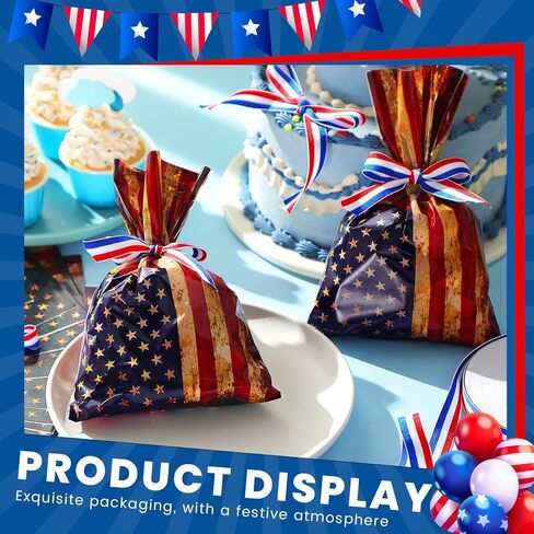 Tenare 100 Pcs Patriotic Gift Cellophane Bags Bulk, 4th of July Treat Bags 6" x 9" Red White Blue Plastic American Flag Treat Goodie Candy Pouches with Ribbon for Independence Day Party Favor Supplies in Kuwait