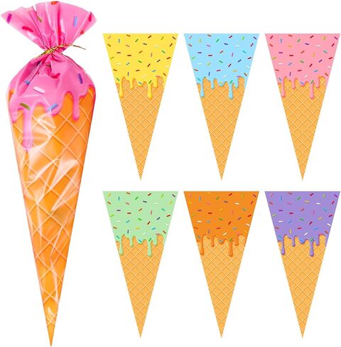 Tatuo 120 Pcs Ice Cream Cone Treat Bags Cone Shaped Clear Cellophane Treat Bags with Golden Tie for Cookies Candy Popcorn Gift Snacks Handmade Baking Christmas Birthday Party in Kuwait